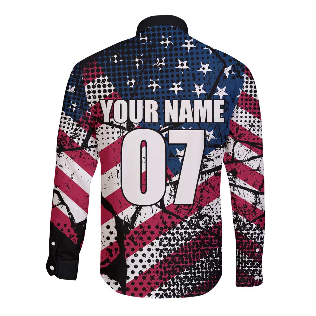 Motocross Rider Long Sleeve Button Shirt with American Flag Grunge Pattern and Custom Name Number - Wonder Print Shop