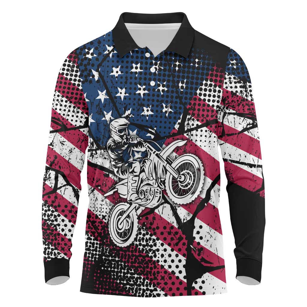 Motocross Rider Long Sleeve Polo Shirt with American Flag Grunge Pattern and Custom Name Number - Wonder Print Shop