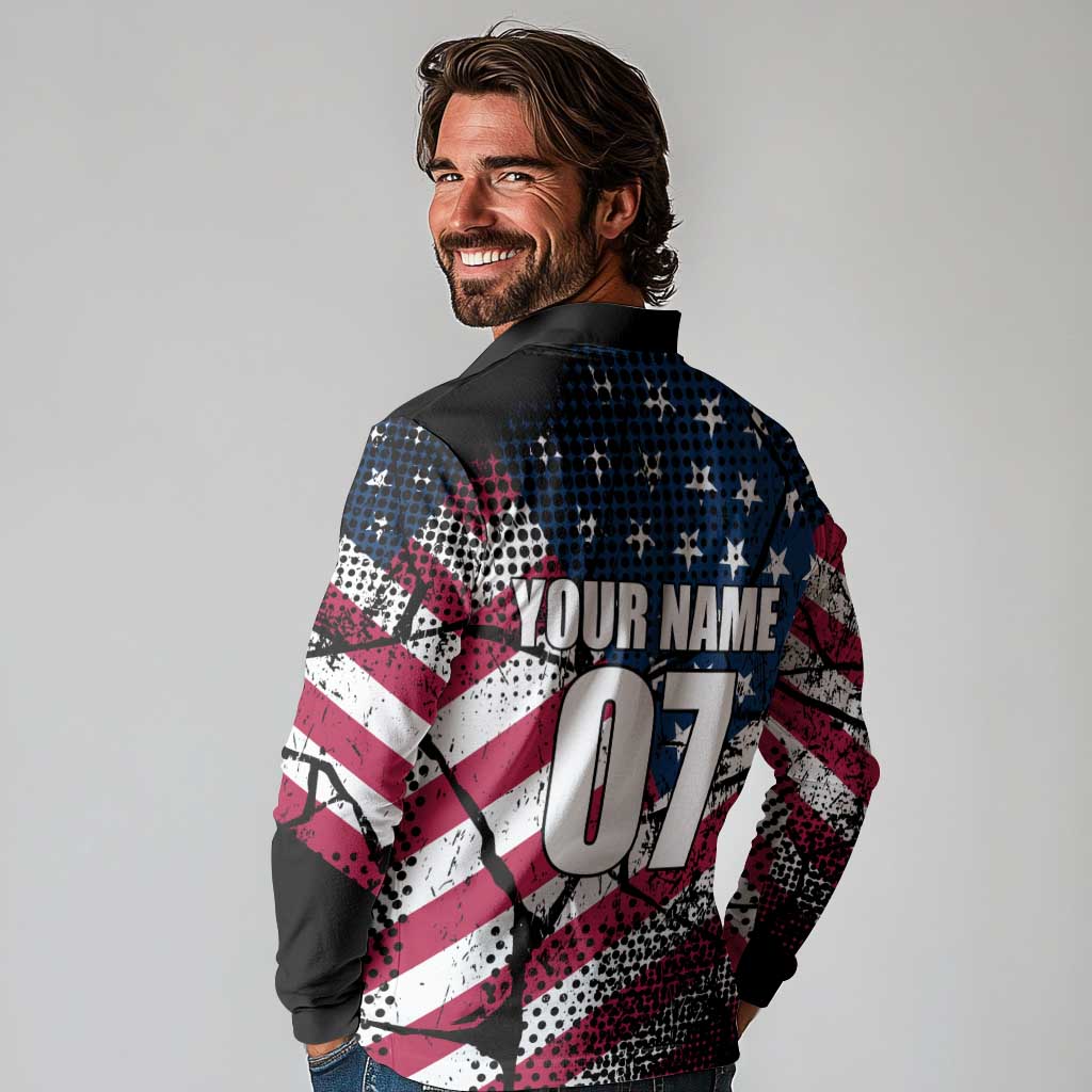 Motocross Rider Long Sleeve Polo Shirt with American Flag Grunge Pattern and Custom Name Number - Wonder Print Shop
