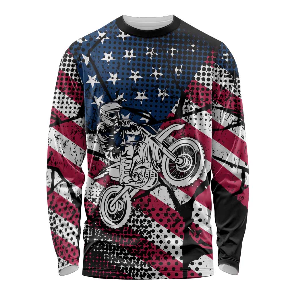 Motocross Rider Long Sleeve Shirt with American Flag Grunge Pattern and Custom Name Number - Wonder Print Shop