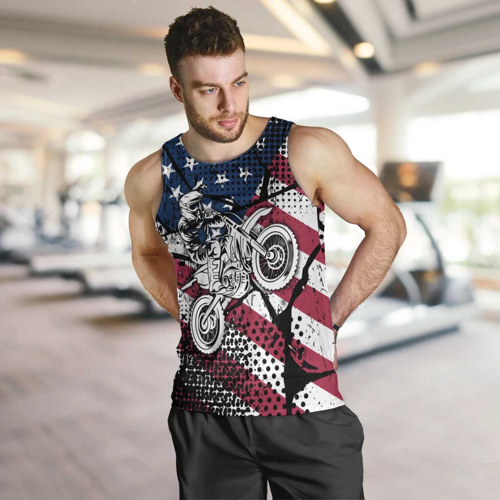Motocross Rider Men Tank Top with American Flag Grunge Pattern and Custom Name Number - Wonder Print Shop