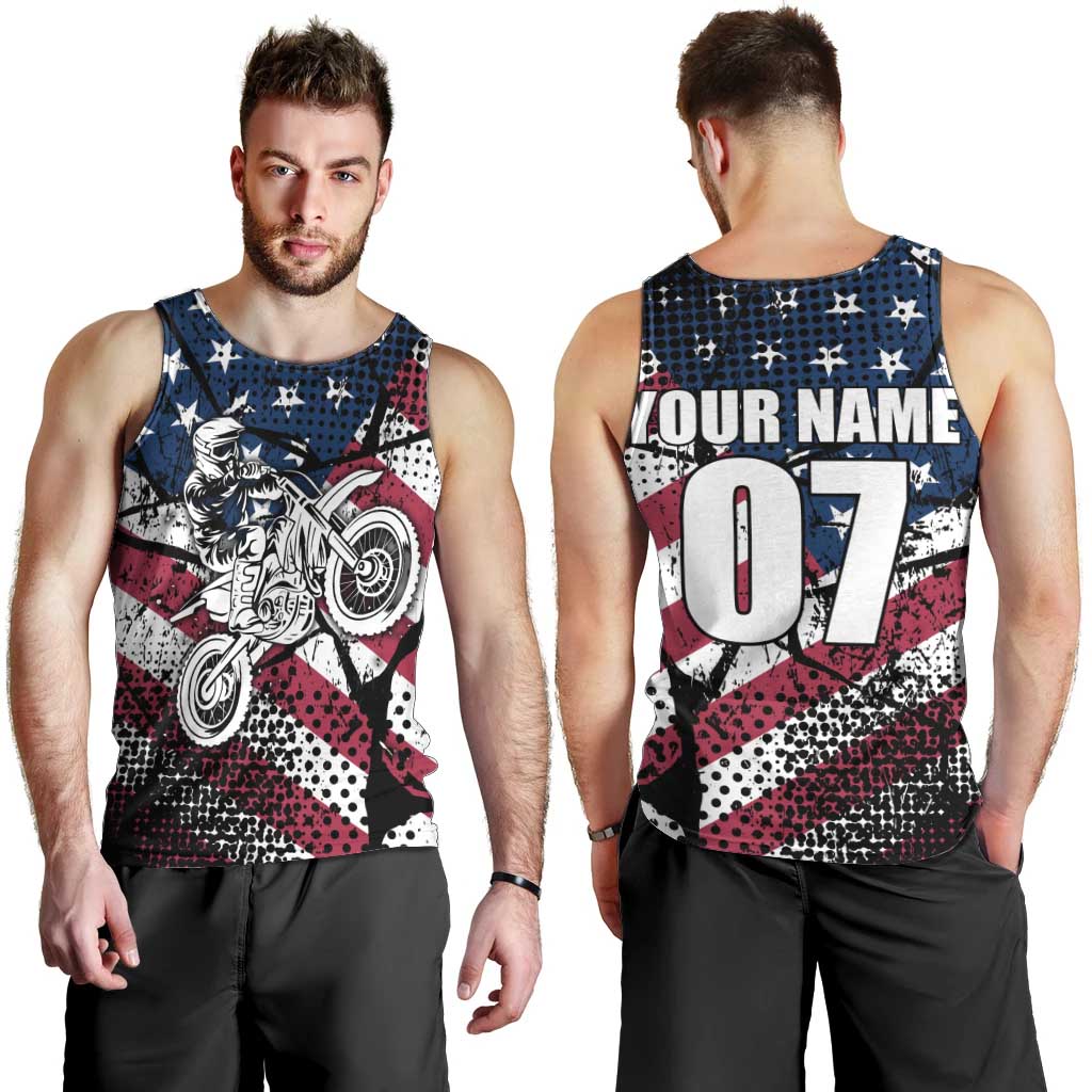 Motocross Rider Men Tank Top with American Flag Grunge Pattern and Custom Name Number - Wonder Print Shop