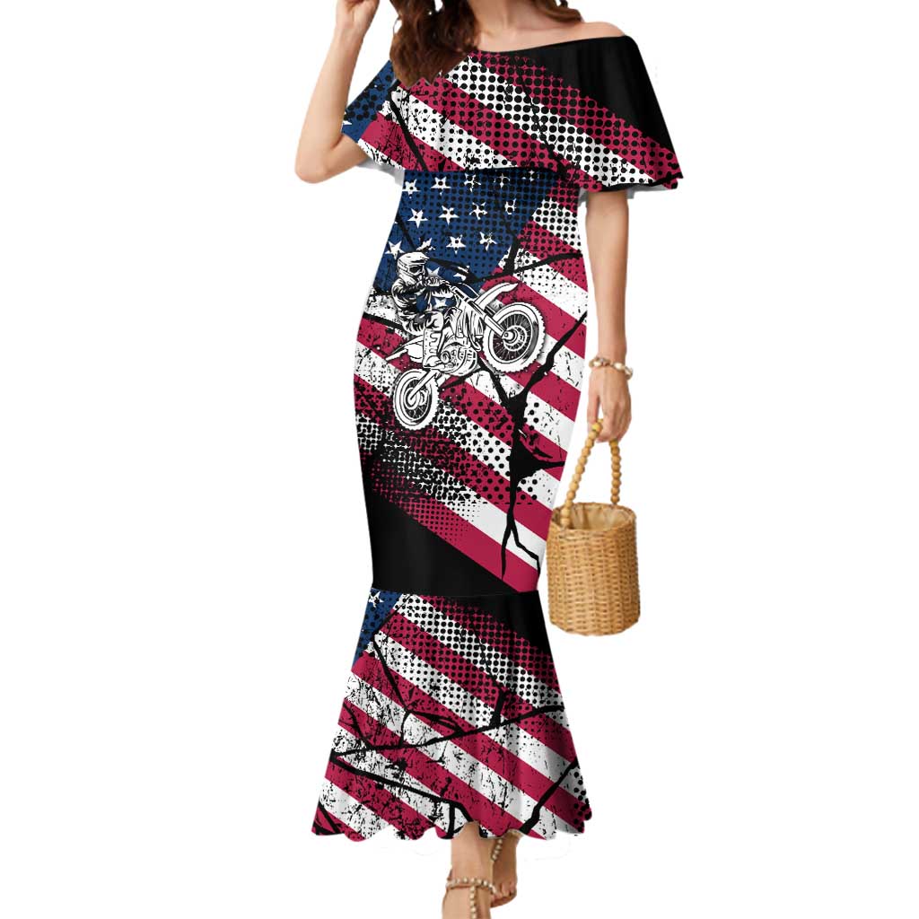 Motocross Rider Mermaid Dress with American Flag Grunge Pattern and Custom Name Number - Wonder Print Shop