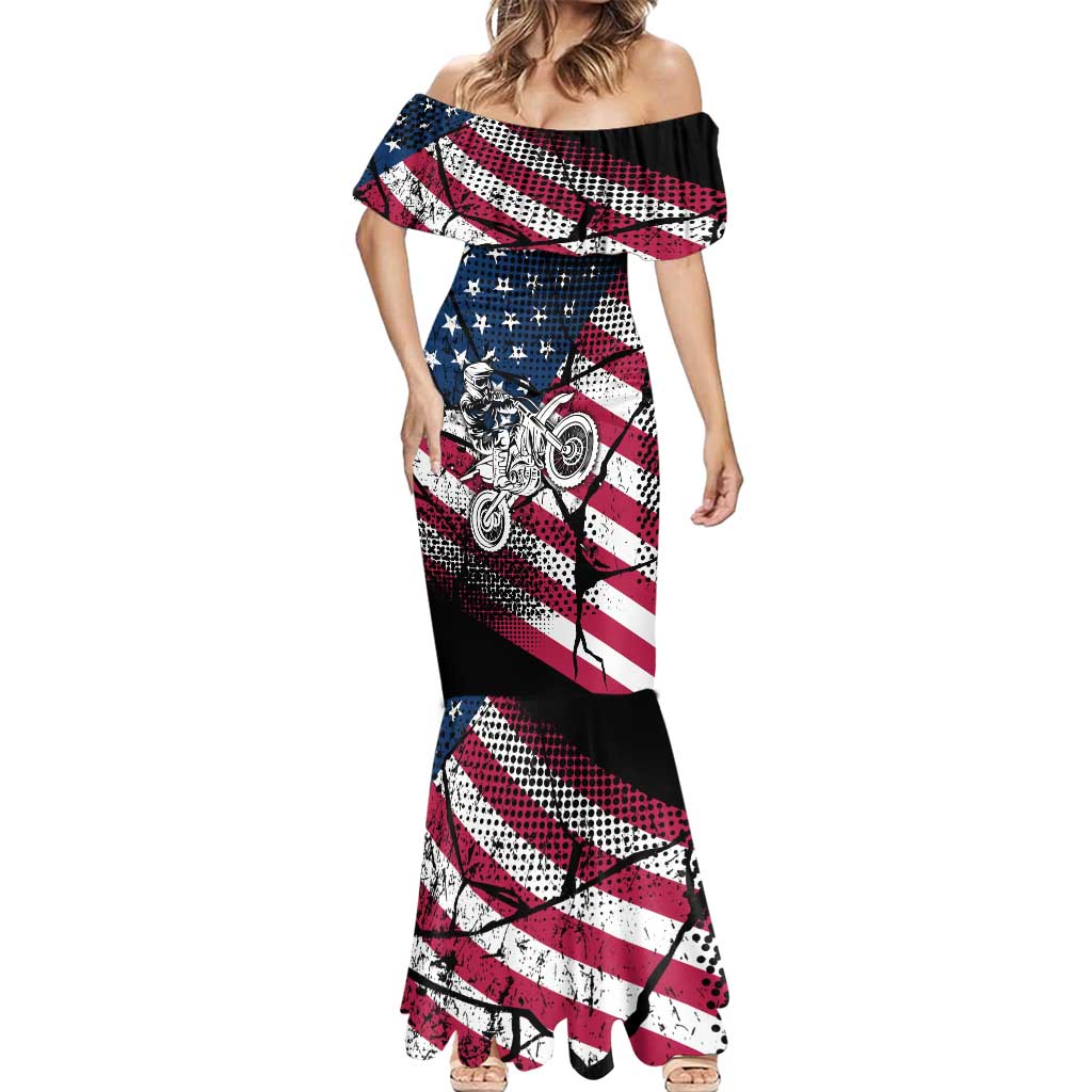 Motocross Rider Mermaid Dress with American Flag Grunge Pattern and Custom Name Number - Wonder Print Shop
