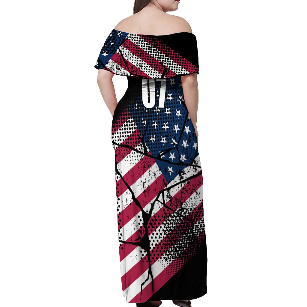 Motocross Rider Off Shoulder Maxi Dress with American Flag Grunge Pattern and Custom Name Number - Wonder Print Shop
