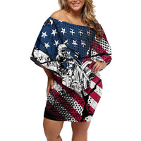 Motocross Rider Off Shoulder Short Dress with American Flag Grunge Pattern and Custom Name Number - Wonder Print Shop