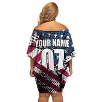 Motocross Rider Off Shoulder Short Dress with American Flag Grunge Pattern and Custom Name Number - Wonder Print Shop