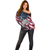 Motocross Rider Off Shoulder Sweater with American Flag Grunge Pattern and Custom Name Number - Wonder Print Shop