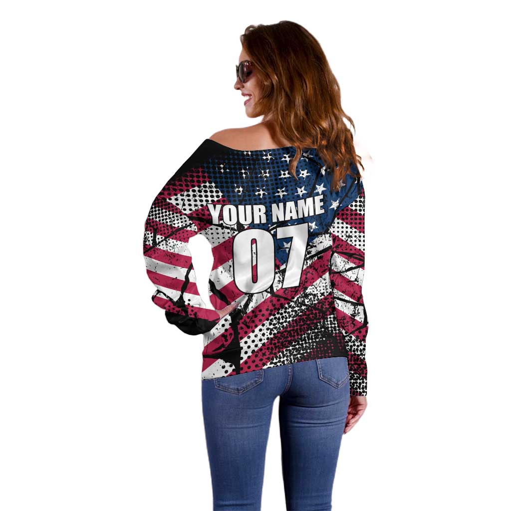 Motocross Rider Off Shoulder Sweater with American Flag Grunge Pattern and Custom Name Number - Wonder Print Shop