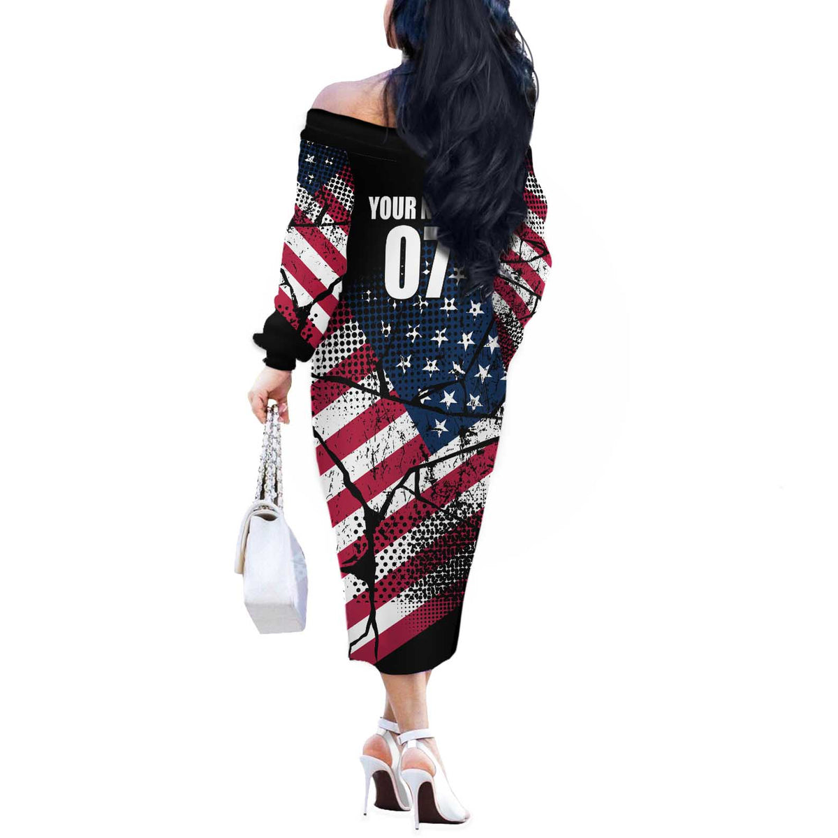 Motocross Rider Off The Shoulder Long Sleeve Dress with American Flag Grunge Pattern and Custom Name Number - Wonder Print Shop