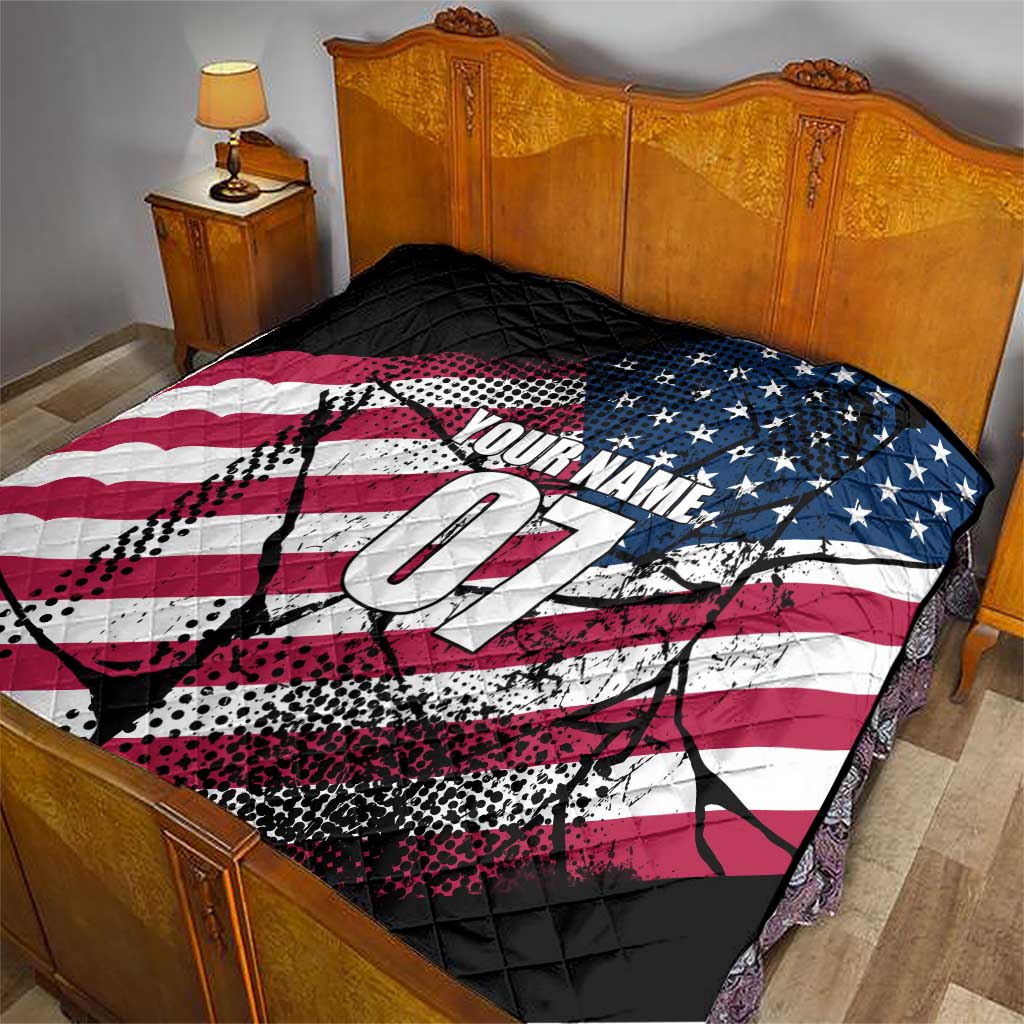 Motocross Rider Quilt with American Flag Grunge Pattern and Custom Name Number - Wonder Print Shop