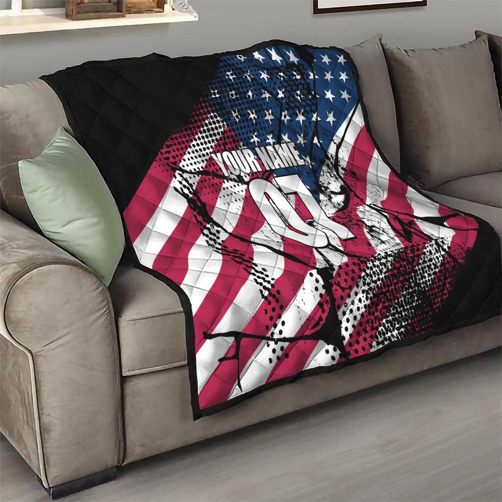 Motocross Rider Quilt with American Flag Grunge Pattern and Custom Name Number - Wonder Print Shop