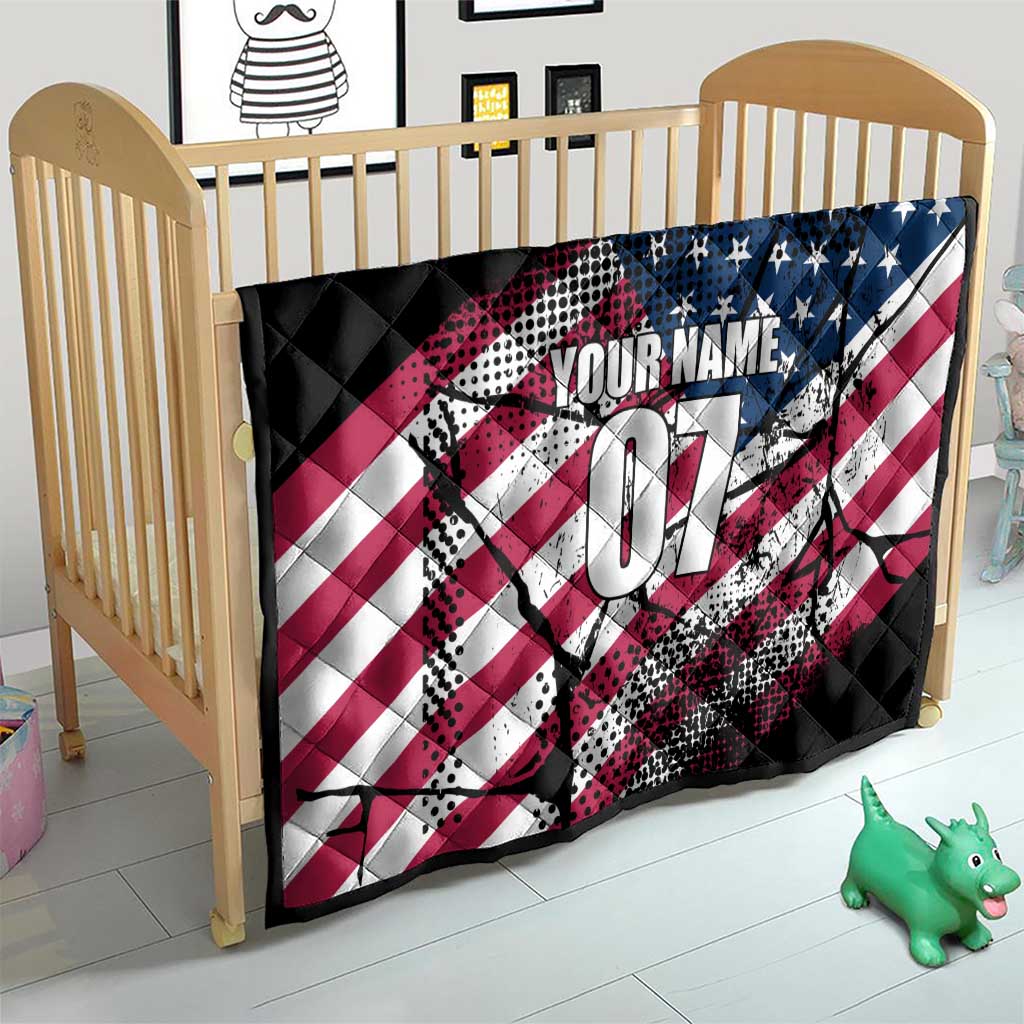 Motocross Rider Quilt with American Flag Grunge Pattern and Custom Name Number - Wonder Print Shop