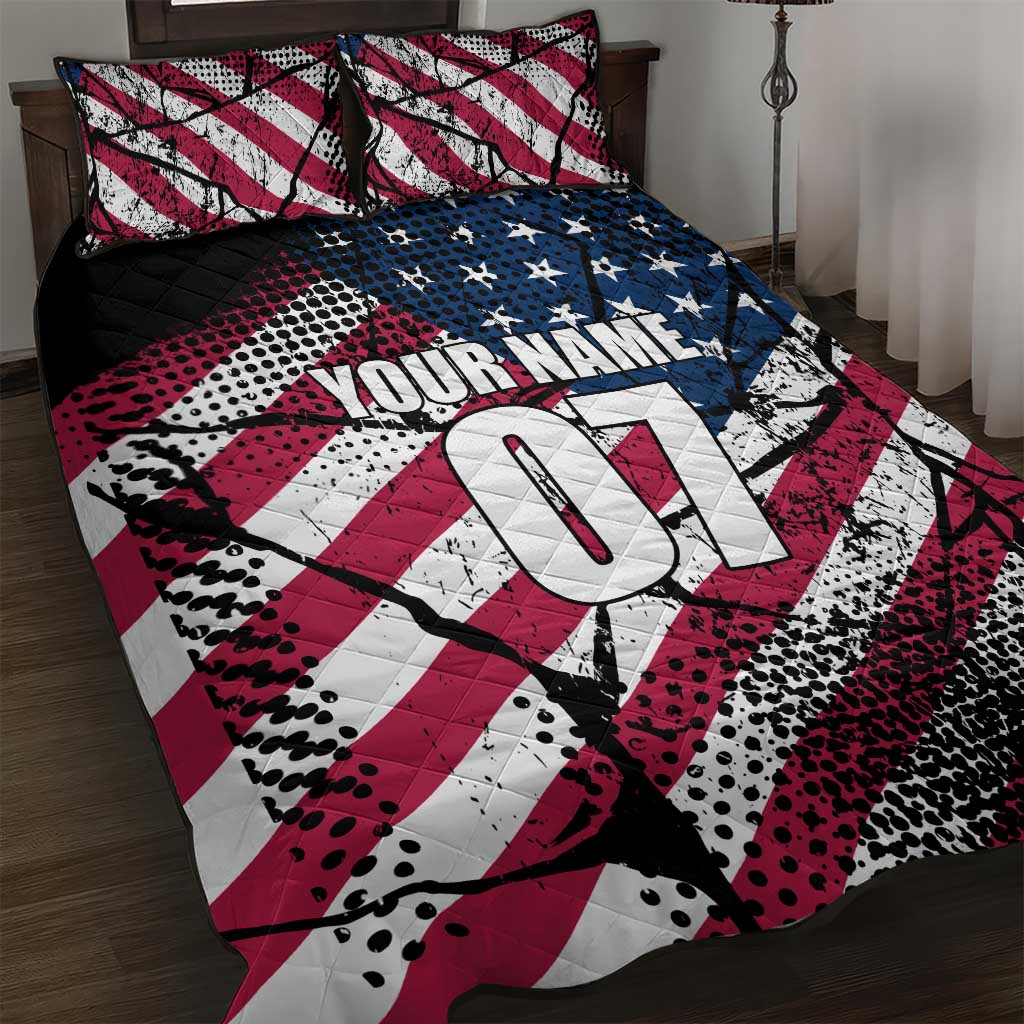 Motocross Rider Quilt Bed Set with American Flag Grunge Pattern and Custom Name Number - Wonder Print Shop