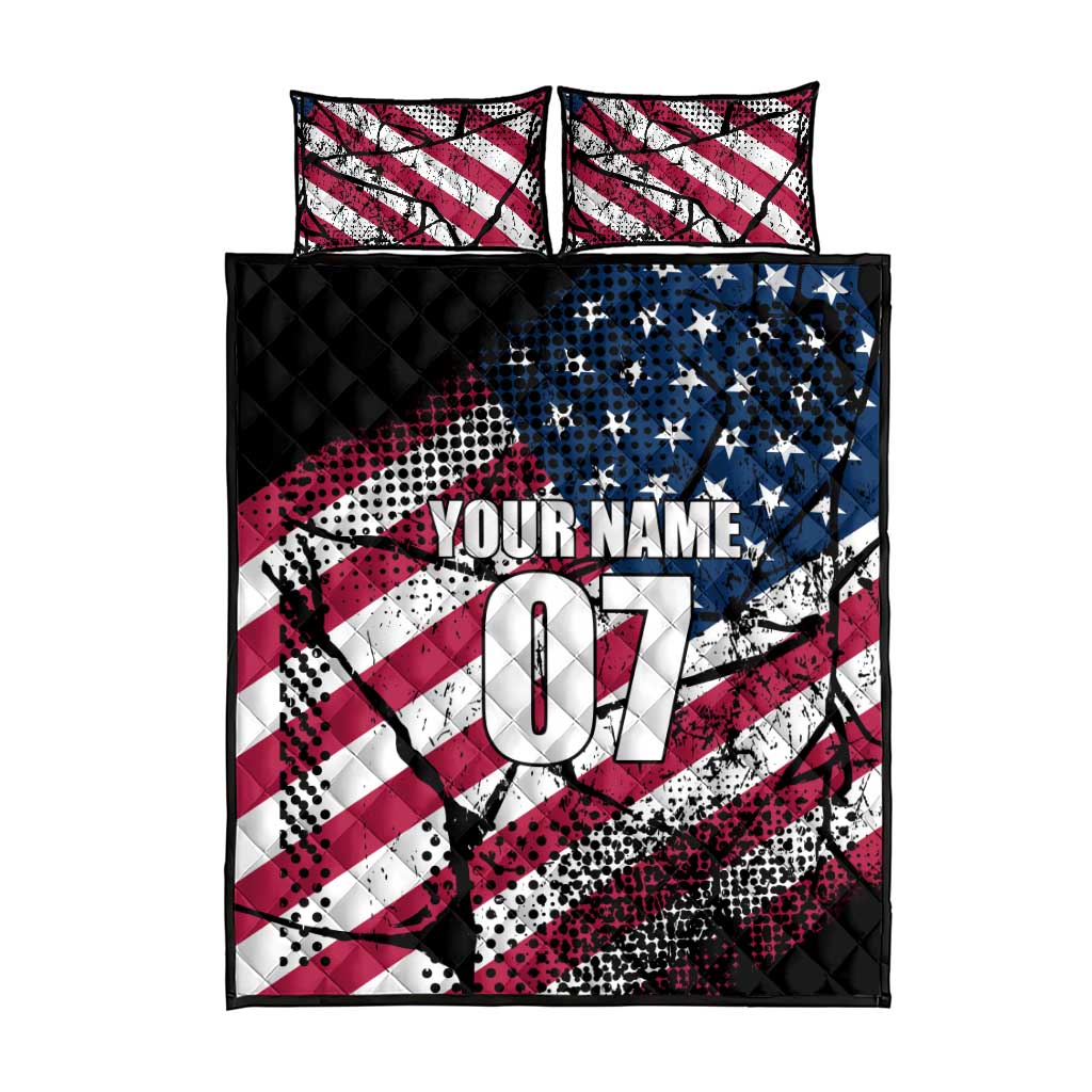 Motocross Rider Quilt Bed Set with American Flag Grunge Pattern and Custom Name Number - Wonder Print Shop