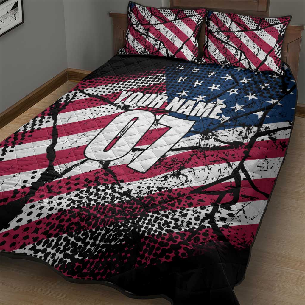Motocross Rider Quilt Bed Set with American Flag Grunge Pattern and Custom Name Number - Wonder Print Shop