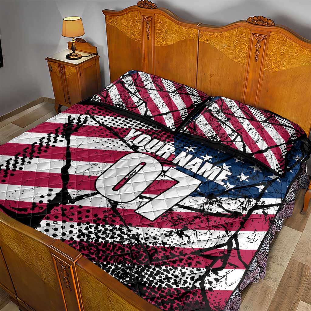 Motocross Rider Quilt Bed Set with American Flag Grunge Pattern and Custom Name Number - Wonder Print Shop