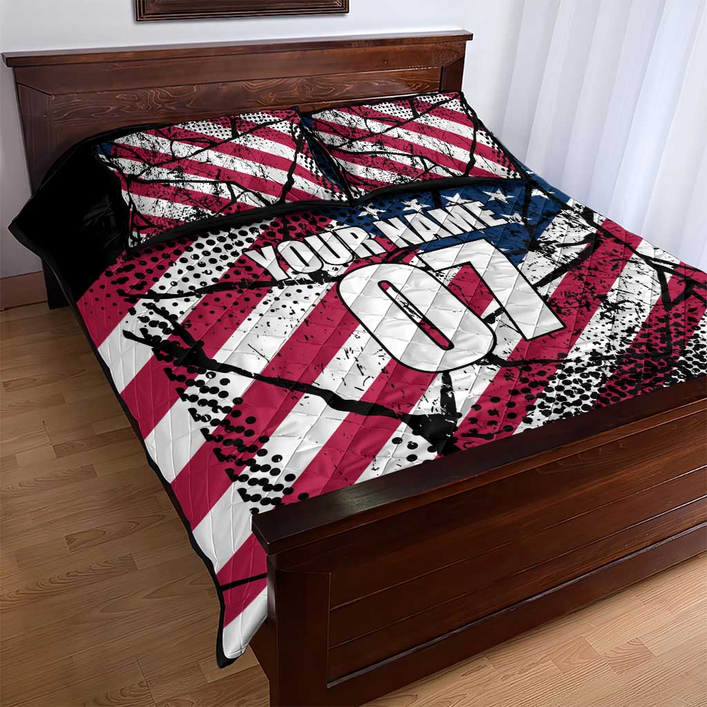 Motocross Rider Quilt Bed Set with American Flag Grunge Pattern and Custom Name Number - Wonder Print Shop