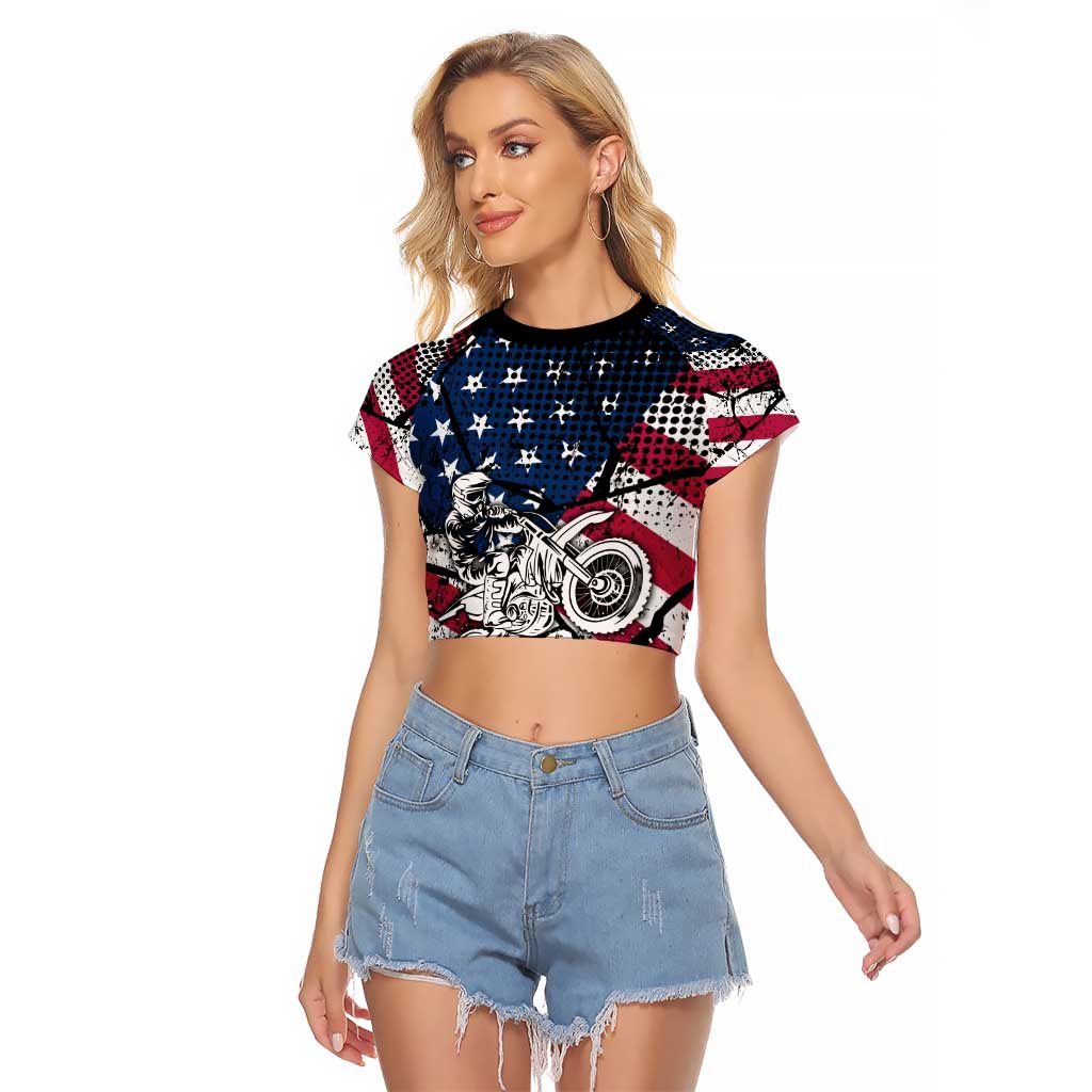 Motocross Rider Raglan Cropped T Shirt with American Flag Grunge Pattern and Custom Name Number - Wonder Print Shop