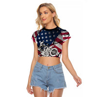 Motocross Rider Raglan Cropped T Shirt with American Flag Grunge Pattern and Custom Name Number - Wonder Print Shop