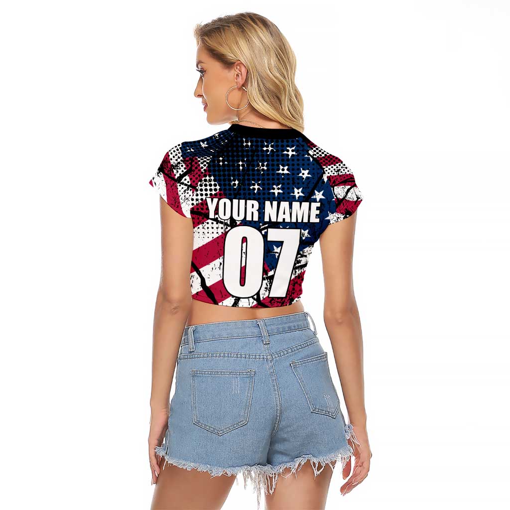 Motocross Rider Raglan Cropped T Shirt with American Flag Grunge Pattern and Custom Name Number - Wonder Print Shop