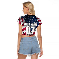 Motocross Rider Raglan Cropped T Shirt with American Flag Grunge Pattern and Custom Name Number - Wonder Print Shop