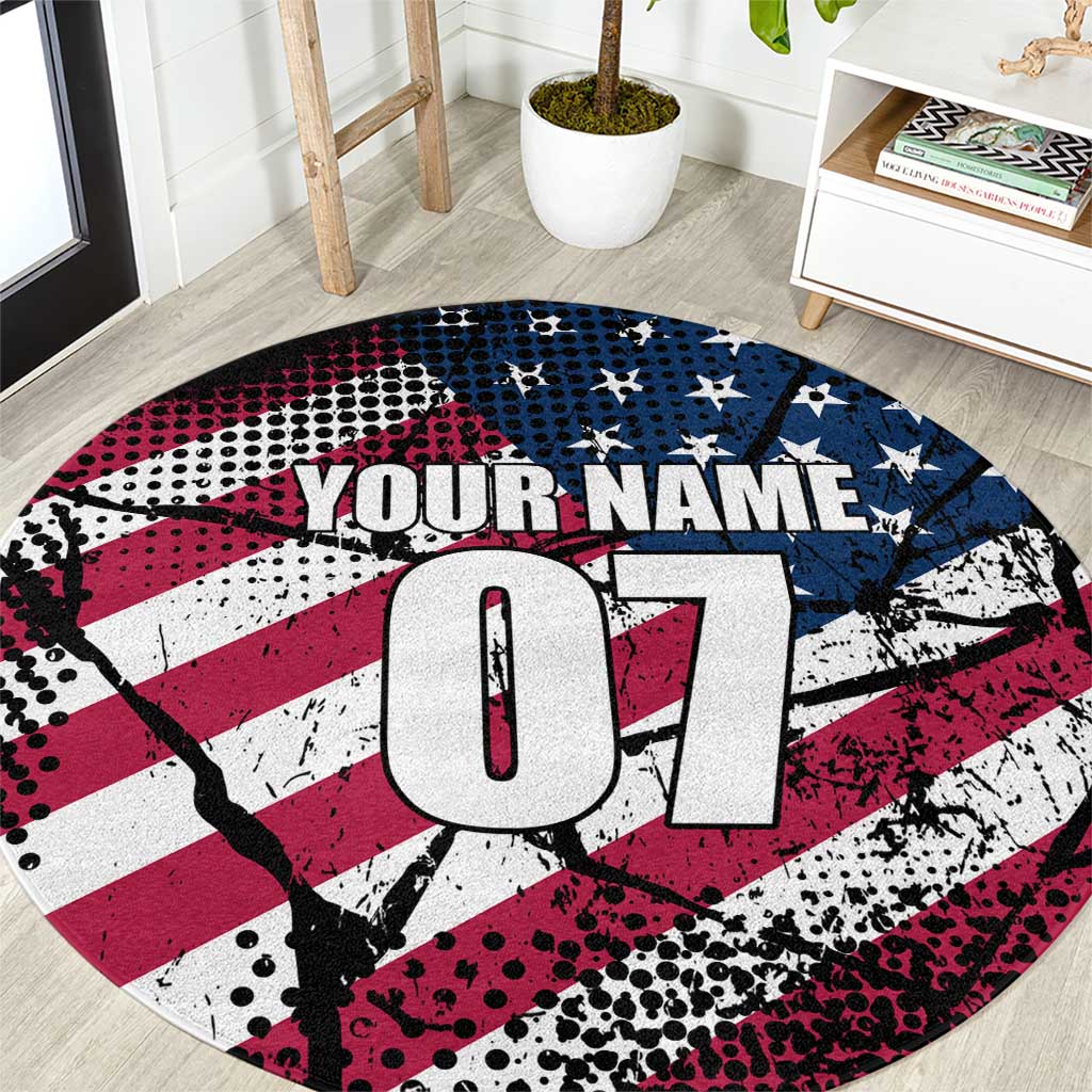 Motocross Rider Round Carpet with American Flag Grunge Pattern and Custom Name Number - Wonder Print Shop