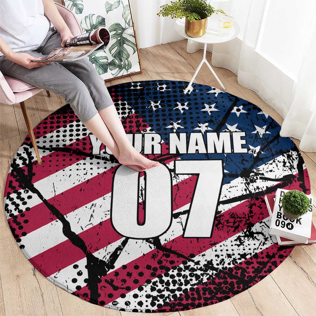 Motocross Rider Round Carpet with American Flag Grunge Pattern and Custom Name Number - Wonder Print Shop