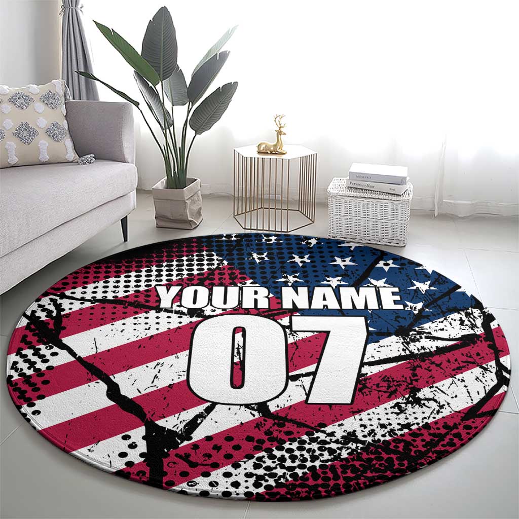 Motocross Rider Round Carpet with American Flag Grunge Pattern and Custom Name Number - Wonder Print Shop