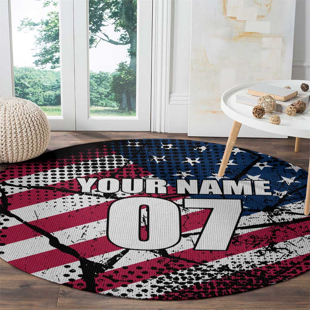 Motocross Rider Round Carpet with American Flag Grunge Pattern and Custom Name Number - Wonder Print Shop