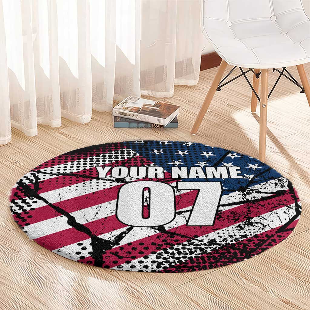 Motocross Rider Round Carpet with American Flag Grunge Pattern and Custom Name Number - Wonder Print Shop