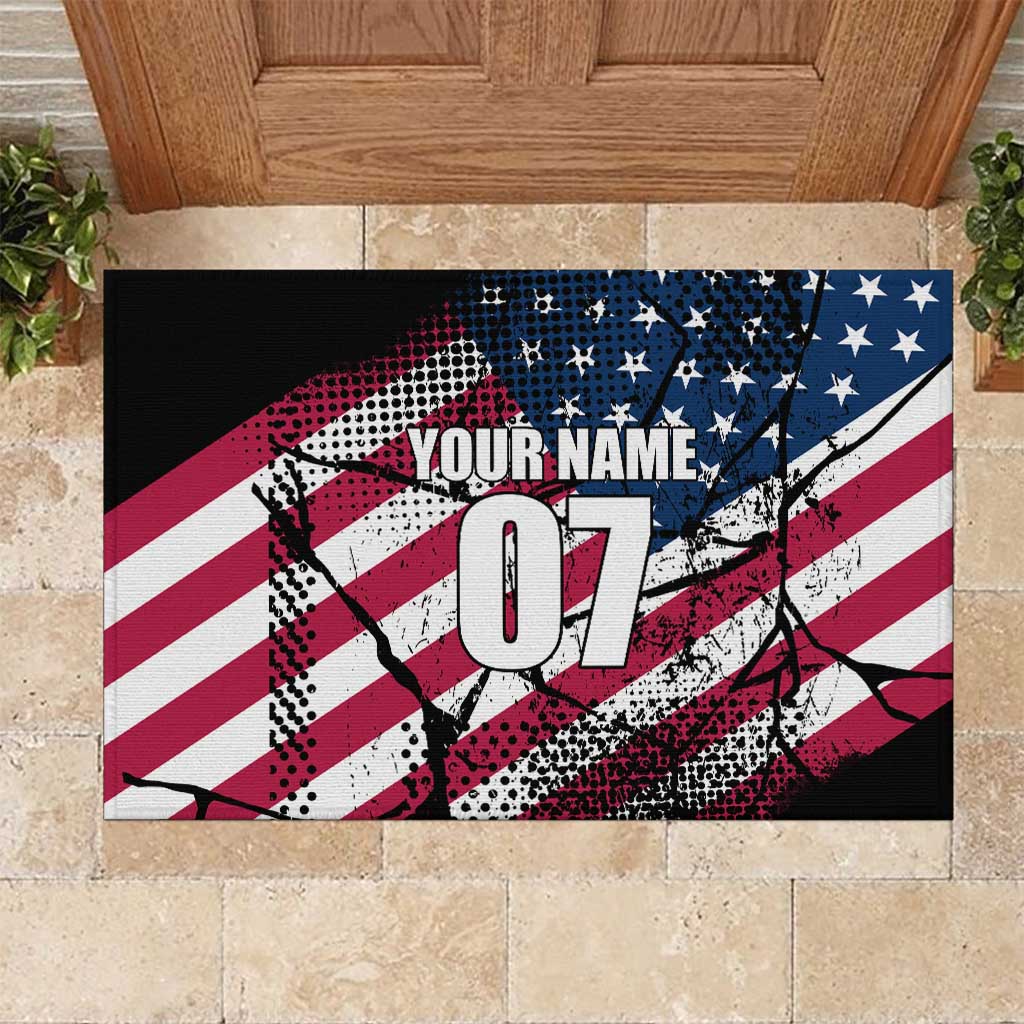 Motocross Rider Rubber Doormat with American Flag Grunge Pattern and Custom Name Number - Wonder Print Shop