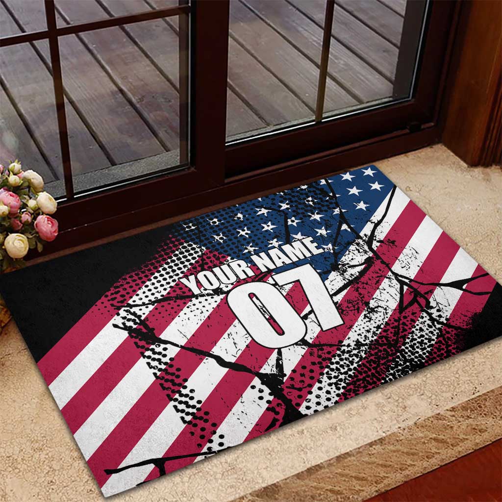 Motocross Rider Rubber Doormat with American Flag Grunge Pattern and Custom Name Number - Wonder Print Shop