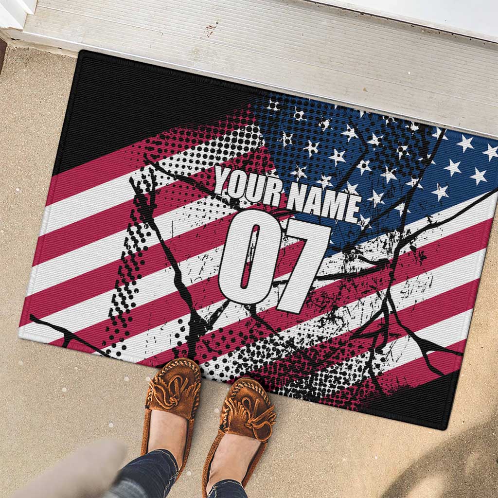 Motocross Rider Rubber Doormat with American Flag Grunge Pattern and Custom Name Number - Wonder Print Shop