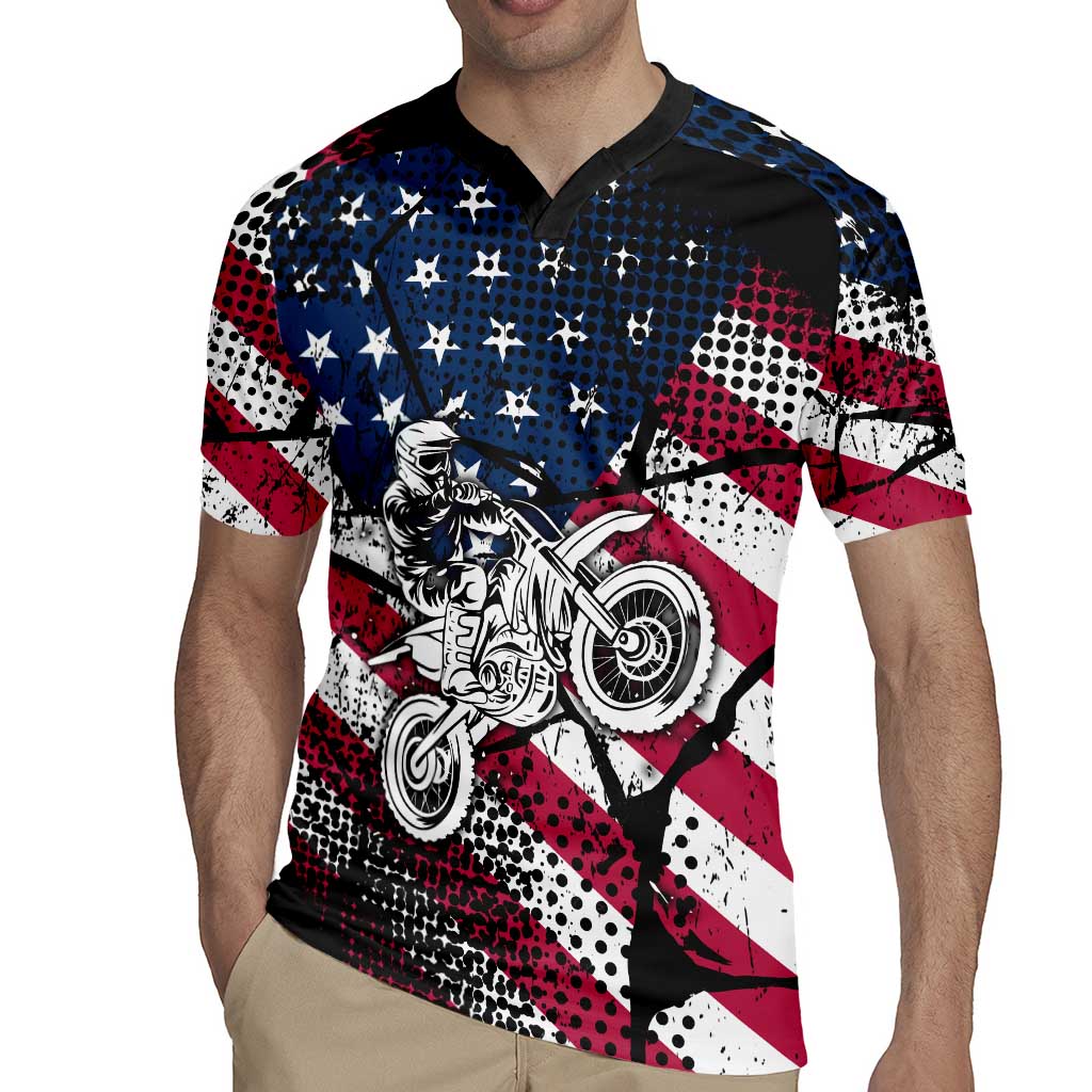 Motocross Rider Rugby Jersey with American Flag Grunge Pattern and Custom Name Number - Wonder Print Shop