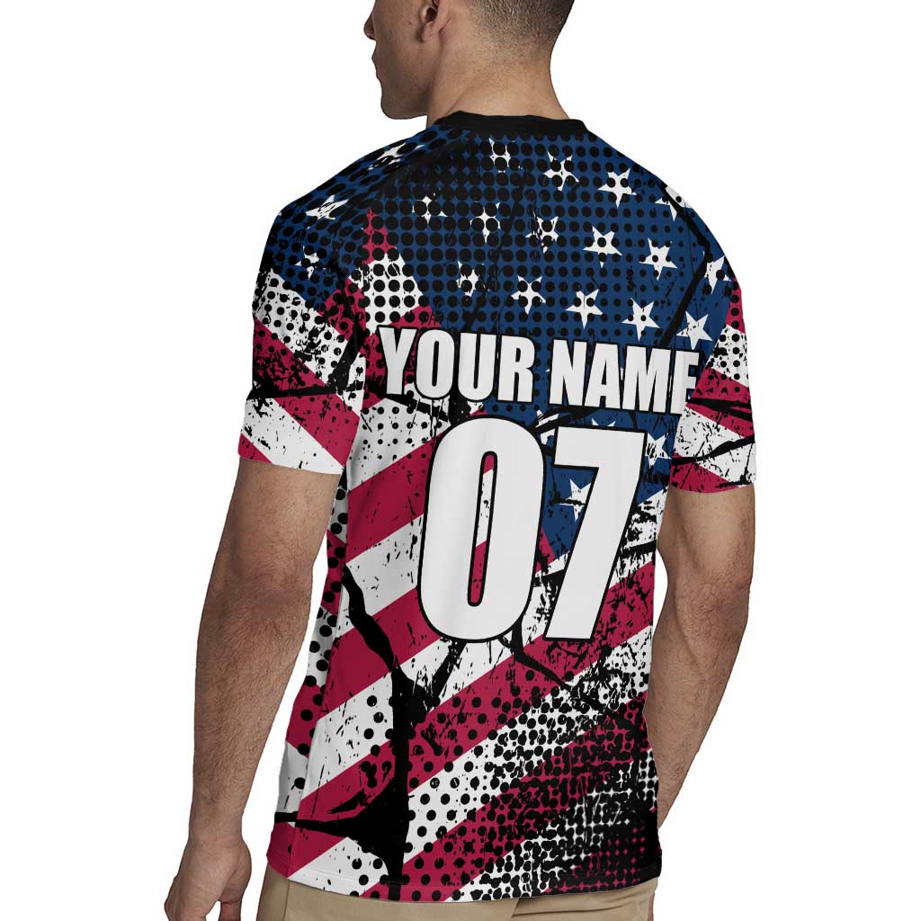 Motocross Rider Rugby Jersey with American Flag Grunge Pattern and Custom Name Number - Wonder Print Shop