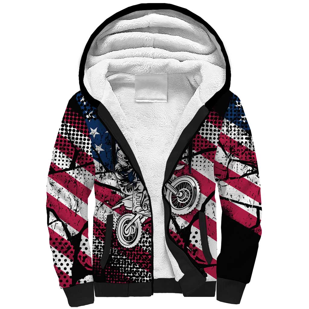 Motocross Rider Sherpa Hoodie with American Flag Grunge Pattern and Custom Name Number - Wonder Print Shop