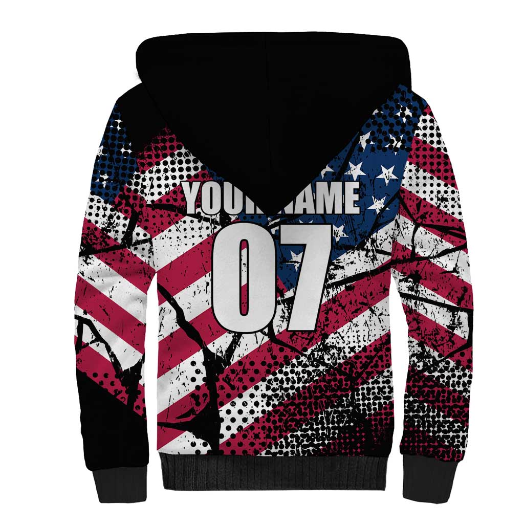 Motocross Rider Sherpa Hoodie with American Flag Grunge Pattern and Custom Name Number - Wonder Print Shop