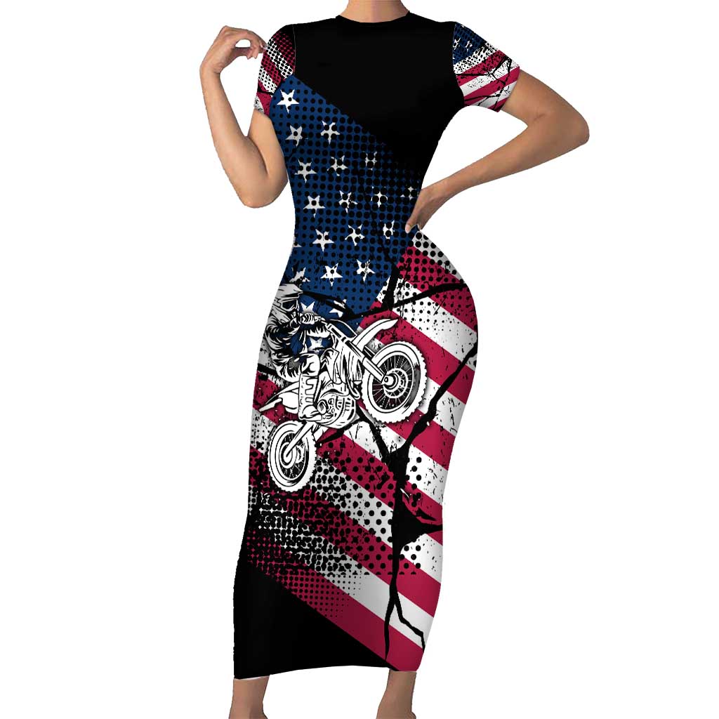 Motocross Rider Short Sleeve Bodycon Dress with American Flag Grunge Pattern and Custom Name Number - Wonder Print Shop