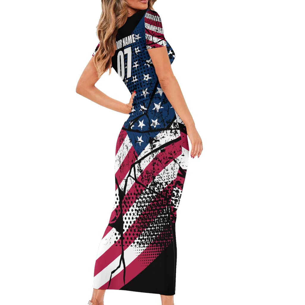 Motocross Rider Short Sleeve Bodycon Dress with American Flag Grunge Pattern and Custom Name Number - Wonder Print Shop