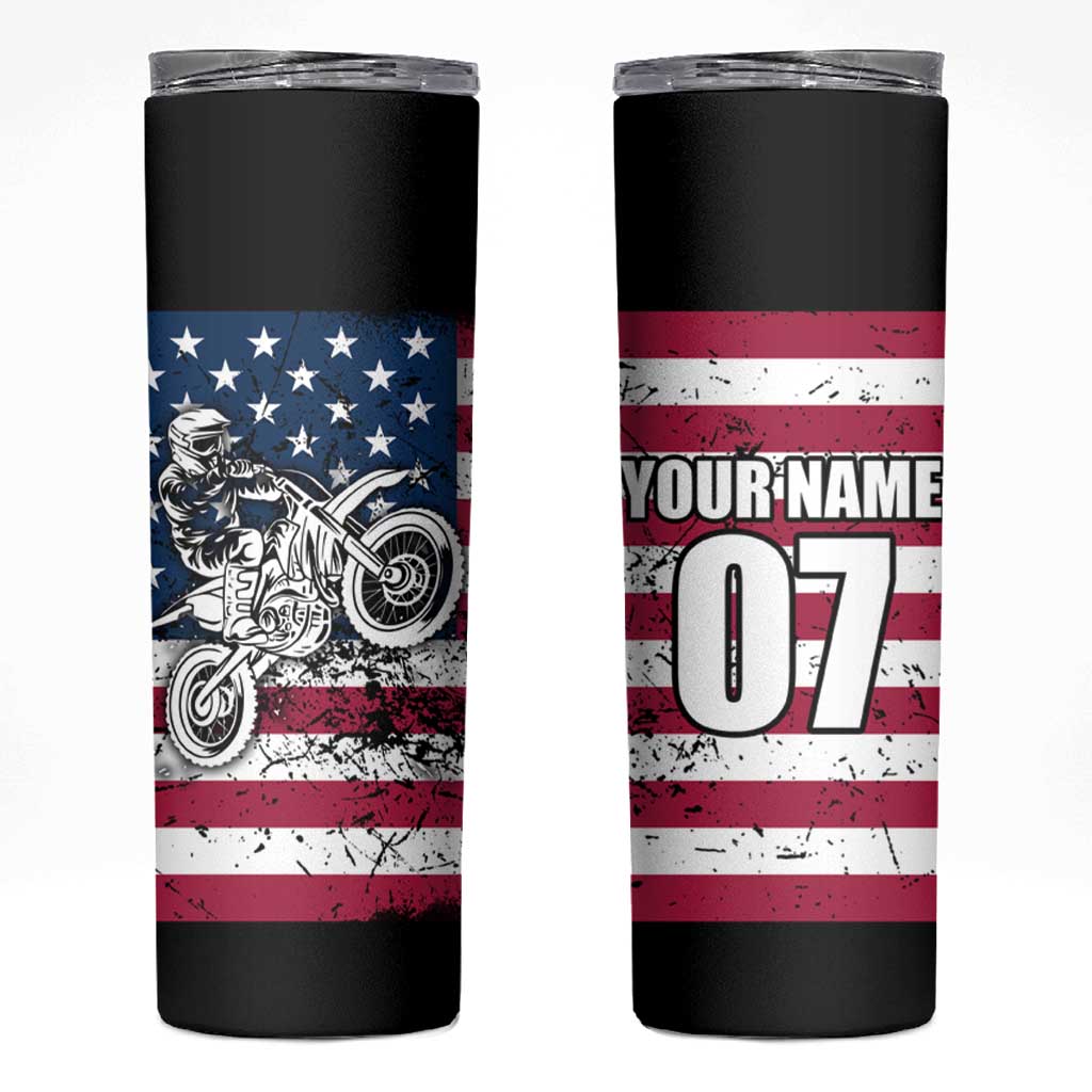 Motocross Rider Skinny Tumbler with American Flag Grunge Pattern and Custom Name Number - Wonder Print Shop