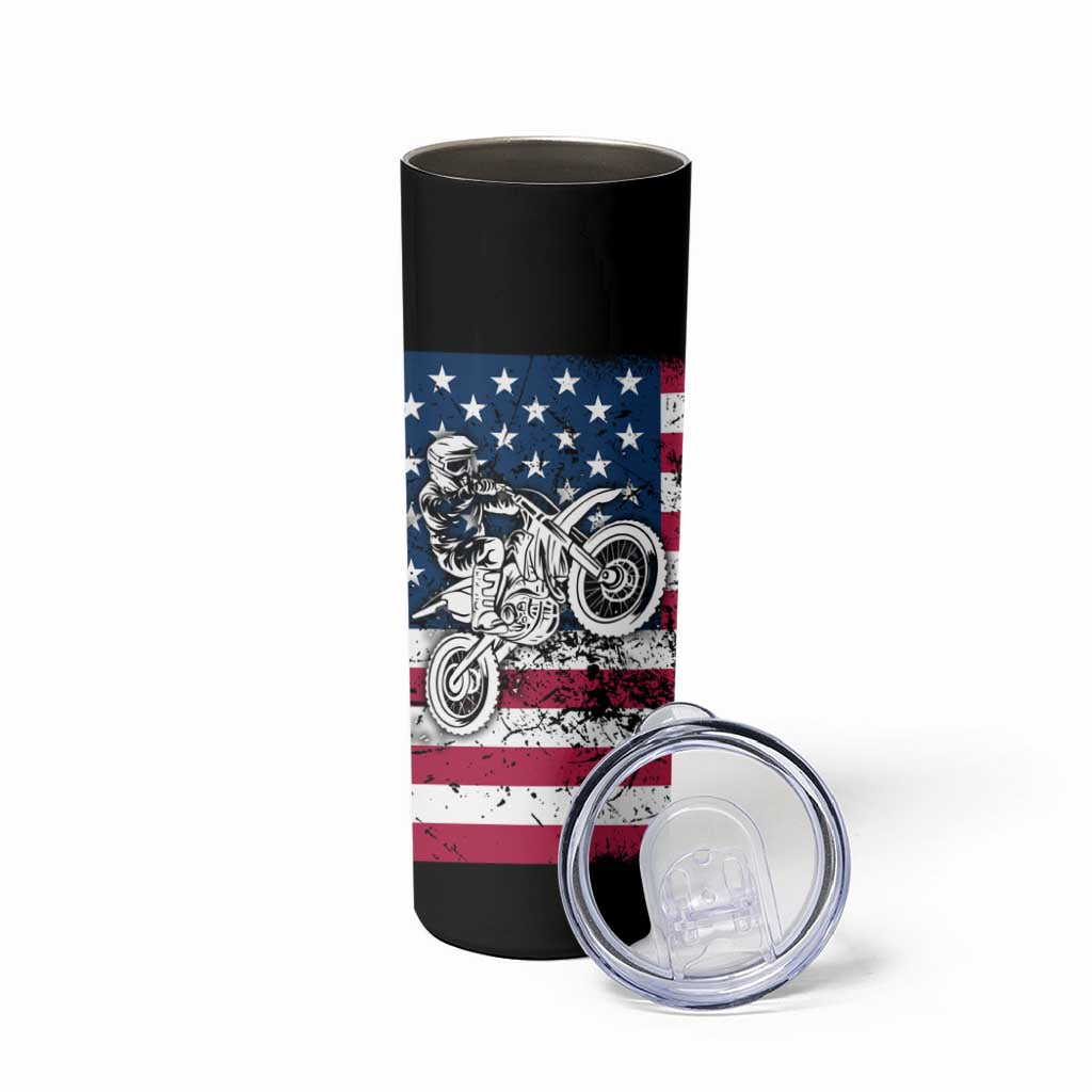 Motocross Rider Skinny Tumbler with American Flag Grunge Pattern and Custom Name Number - Wonder Print Shop