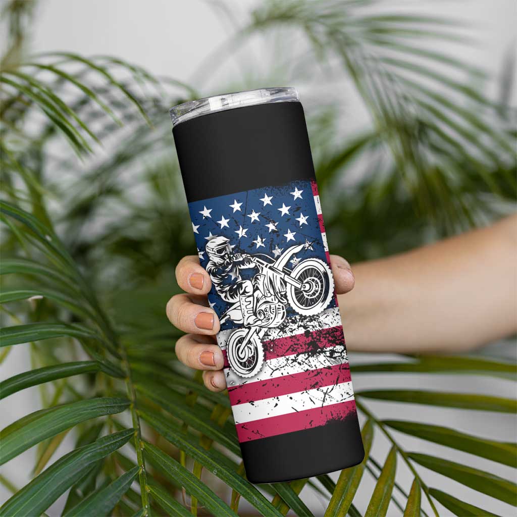 Motocross Rider Skinny Tumbler with American Flag Grunge Pattern and Custom Name Number - Wonder Print Shop