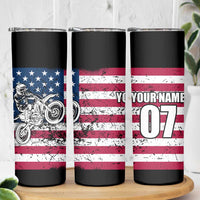 Motocross Rider Skinny Tumbler with American Flag Grunge Pattern and Custom Name Number - Wonder Print Shop