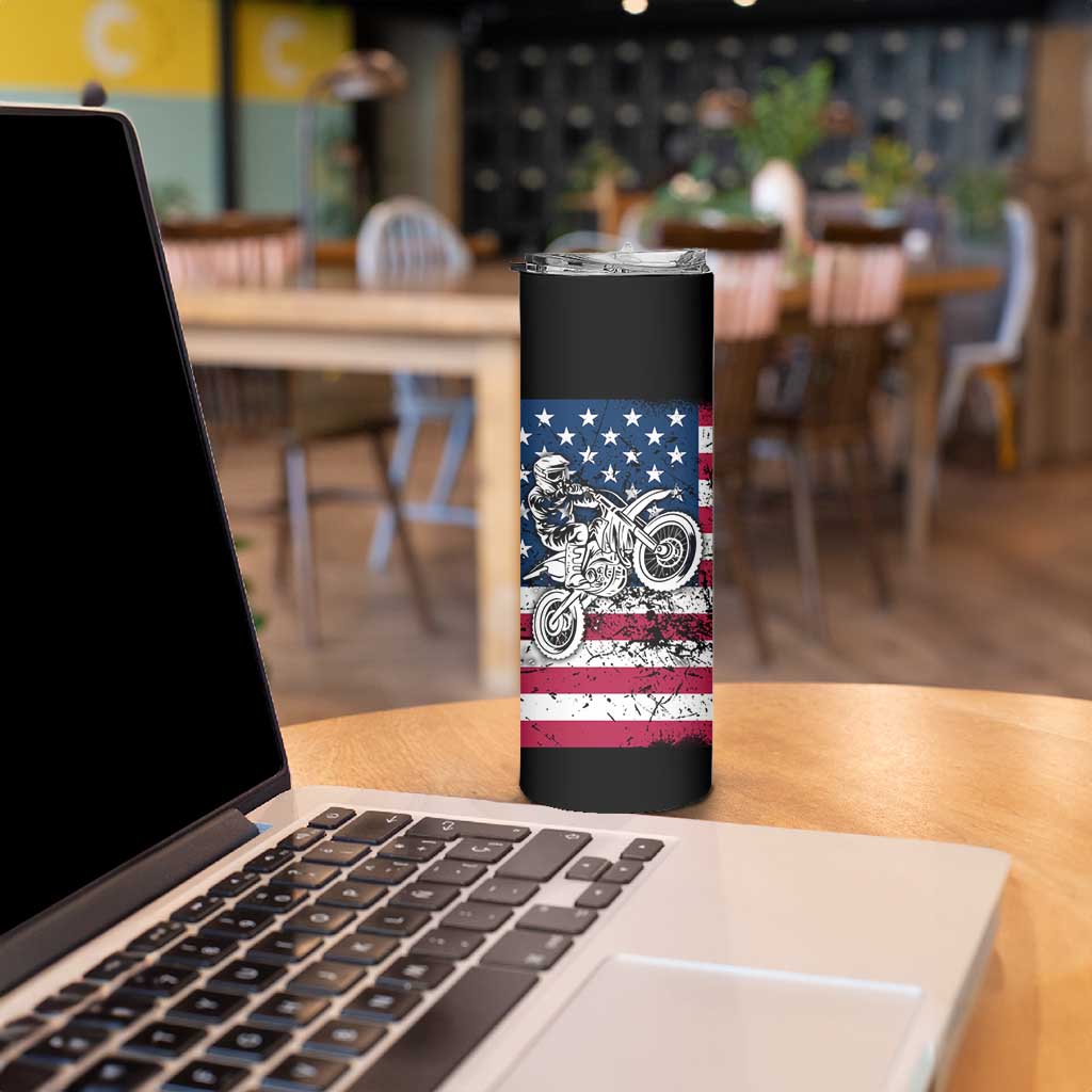 Motocross Rider Skinny Tumbler with American Flag Grunge Pattern and Custom Name Number - Wonder Print Shop