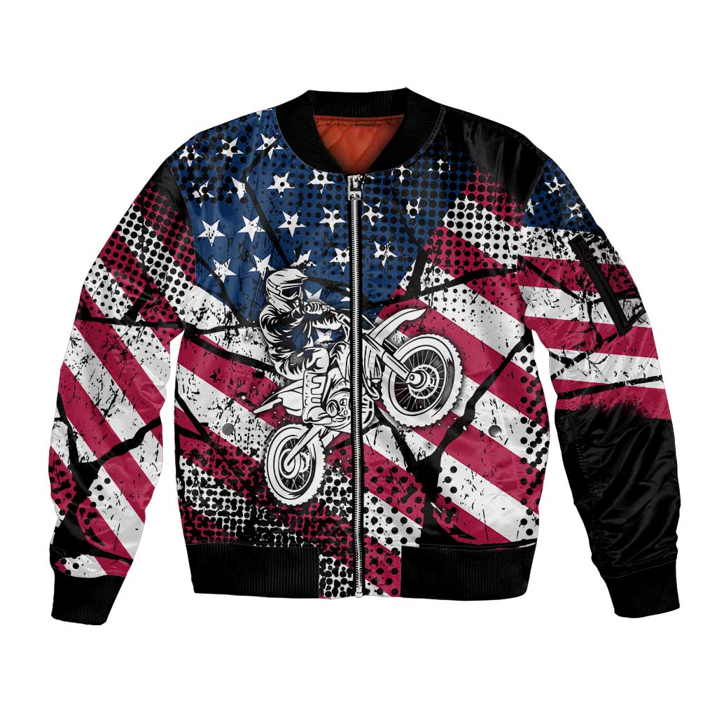 Motocross Rider Sleeve Zip Bomber Jacket with American Flag Grunge Pattern and Custom Name Number - Wonder Print Shop