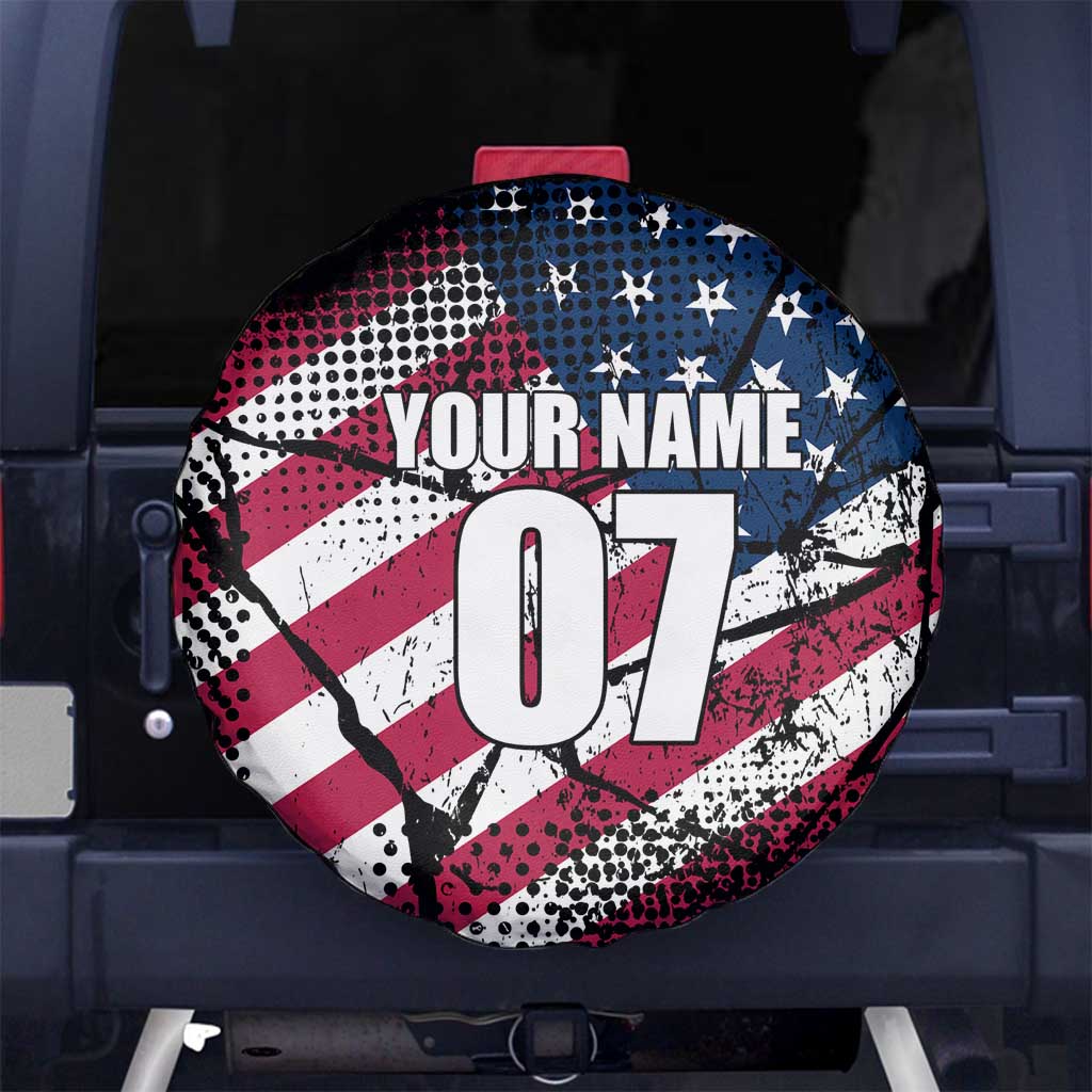 Motocross Rider Spare Tire Cover with American Flag Grunge Pattern and Custom Name Number - Wonder Print Shop
