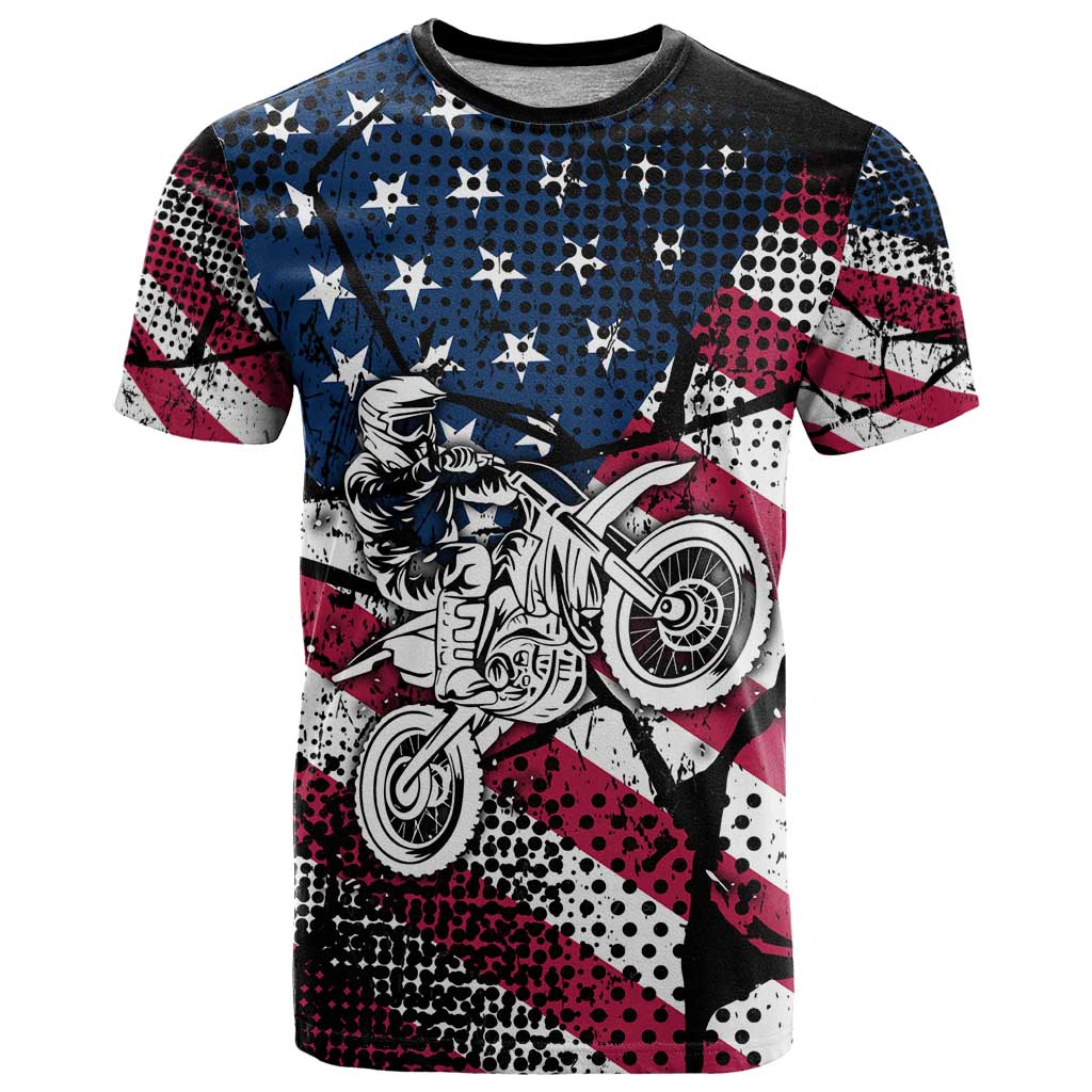 Motocross Rider T Shirt with American Flag Grunge Pattern and Custom Name Number - Wonder Print Shop