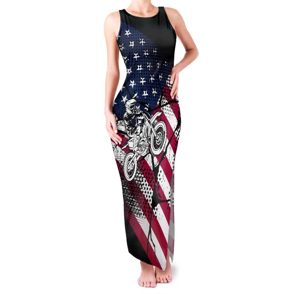 Motocross Rider Tank Maxi Dress with American Flag Grunge Pattern and Custom Name Number - Wonder Print Shop