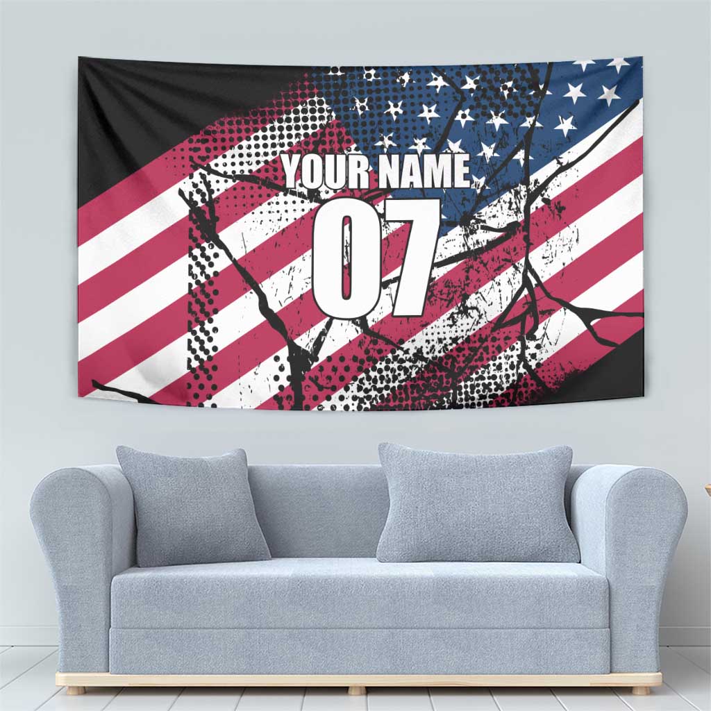 Motocross Rider Tapestry with American Flag Grunge Pattern and Custom Name Number - Wonder Print Shop